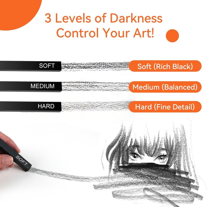 6 Pack Square Compressed Charcoal Pencils for Artists - Soft/Medium/Hard