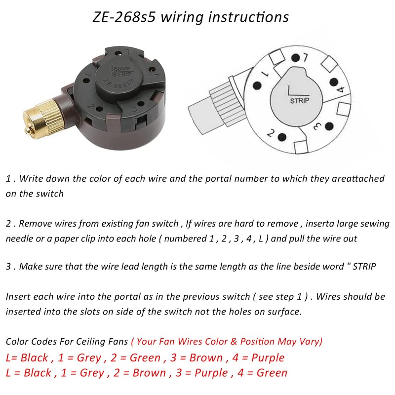 Ceiling Fan Switch Zing Ear ZE-268S5, 4 Speed 5 Wire