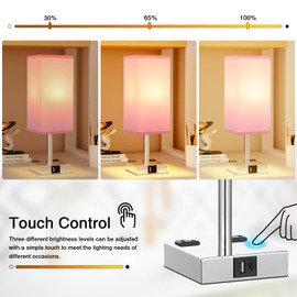 Touch Bedside Table Lamp For Nightstand - 3-Way Dimmable Night Lamp with USB A + Type C Charging Ports and two AC Outlets, Small Desk Light with E26 LED Bulb for Bedroom Living Room Dorm Office, PINK