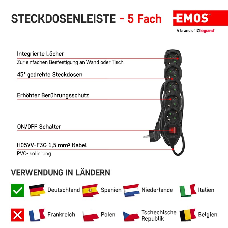 EMOS - 5-way power strip 1,5m - with switch -
