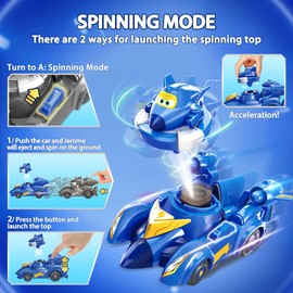 Super Wings Spinning Jerome & Vehicle, 2-in-1 Spinning or Vehicle Mode Press the Button Pop Out Battle Toy for 3 4 5 6 7 8 Years Old Children Gift