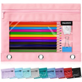 SPACEMATE Binder Pencil Pouch Case Box Bag for 3 Ring Binder School Supplies Girls Boys Kids, Clear Preppy Stuff Large Aesthetic Pen Organizer, Back to College Stationary, 1 Pack, Light Pink