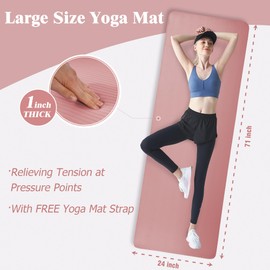 Yoga Mat 1-Inch Extra Thick High-Density Exercise Mat with Non-Slip Surface & Carry Strap for Men & Women Tear-Resistant Pilates Workout Mat for Home Gym, Floor Fitness, Pale Pinkish
