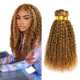 Highlight Honey Blonde Bundles Human Hair 24 26 28 Inch Ombre Curly Wave Bundles P27/30 Two Tone Honey Blonde Mixed With Light Brown Bundle Hair Weave Brazilian Remy Hair Extensions