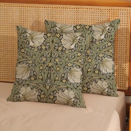 JEFERSO Vintage Floral Pillow Covers 18x18 Inch Set of 2 Sage Green Throw Pillows Colorful Botanical Flower Art Decorative Pillowcase Outdoor Decor Farmhouse Linen Cushion Case for Couch Sofa Home