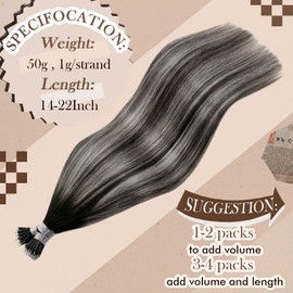 Hetto Ombre Nano Hair Extensions Real Human Hair Nano Ring Hair Extensions Balayage Off Black to Silver Nano Beads Hair Extensions Remy Human Hair Invisible Straight 16Inch 50s 50g