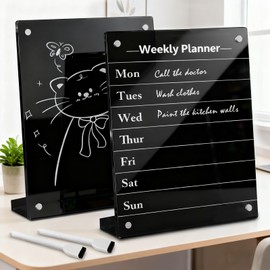 2PCS Black Acrylic Weekly Dry Erase Board with Stand for Desk, 12x8 Small Desktop Whiteboard Magnetic Fridge Calendar Memo Board, Daily Planner Blackboard Easel for Office, School