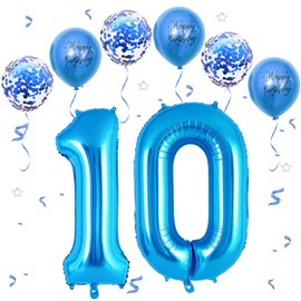 Number 10 balloons Blue，10 Balloons Birthday Boy Girl,40Inch Foil Number 1 & 0 Balloons with 6 Blue Metal and Confetti Helium Balloons for 10th Year Old Birthday Decorations