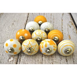 ARTISNO Beautiful Yellow and White Ceramic Knobs Kitchen Cabinet Drawer Knobs Hardware Knobs Handmade Knobs Cabinet Knobs Ceramic Door Knobs. Set of 10