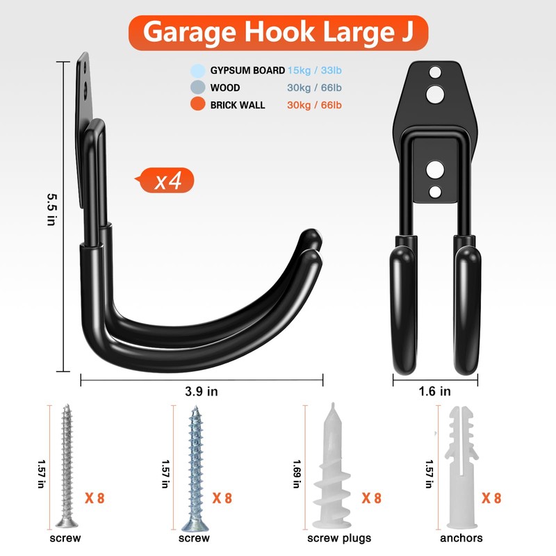HUPBIPY Heavy Duty Garage Hooks 4 Pack, J Shaped Hanger,