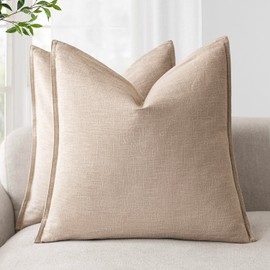 Foindtower Pack of 2, Decorative Linen Soild Throw Pillow Covers Soft Accent Cushion Case Farmhouse Neutral Pillowcase for Chair Couch Sofa Bedroom Living Room Home Decor 20 x 20 Inch Tan Beige