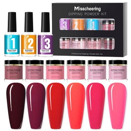 Dipping Powder Nail Set, RoseFlower Nail Powder Starter Set with 6 Nude Colours, Red Purple Dipping Powder, Base Top Coat - DIY Salon Manicure/French Nail Powder Set, Lasts 3 Weeks