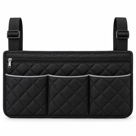 Wheelchair Side Bag – Black Armrest Organizer Pouch with 3 Pockets for Wheelchairs and Walkers, 12.8 x 7.1 Inch