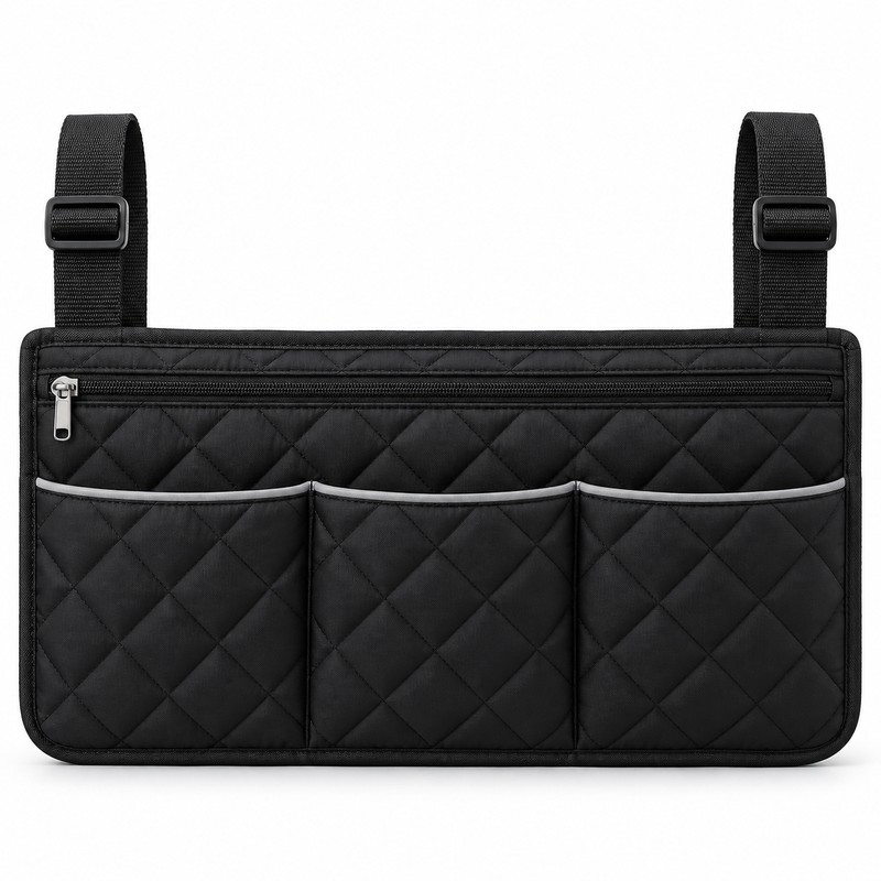 Wheelchair Side Bag – Black Armrest Organizer Pouch with 3