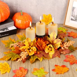 Thanksgiving Table Centerpiece Decorations Centerpiece with 3 Candle Holders Fall Maple Leaves Autumn Harvest Candleabrum for Tabletop Display Table Display Kitchen Thanksgiving Fireplace Decor ﻿