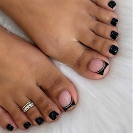 Black Press on Toenails Short Square Fake Toe Nails with Black Line Design False Toes French Tip Glue on Toenails Glossy Full Cover Artificial Acrylic Nude Stick on Toenails for Women Manicure 24pcs