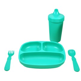 Re-Play Toddler Dinnerware Set - No-Spill Sippy Cup, 7" Divided Plate, Rounded Tip Fork and Deep Scoop Spoon - Dishwasher and Microwave Safe - Made in USA - Aqua