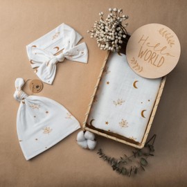 Miaoberry Organic Muslin Swaddle Blanket and Hat Set – Moon and Stars Nursery Decor – Sun & Moon Baby Hospital Receiving Outfit for Birth Announcement, Newborn Photography