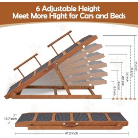 Wooden Dog Pet Ramp for High Bed 30inches Tall - 47.2" Dog/Pet Ramp for Bed with Side Rails- 6 Adjustable from 15.7"-28"-Foldable Dog Ramp for Small Large Dogs- Up to 80lb