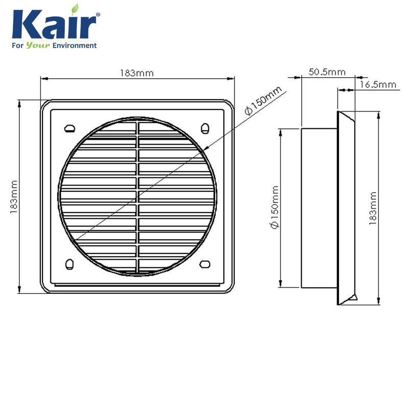 Kair Black Louvred Wall Vent Grille 183mm External Dimension with