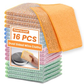 Phafaloop 16 Pcs Multipurpose Wire Dishwashing Rags, Upgraded Dual-Sided Non Scratch Wire Dishcloth, Reusable Metal Wash Cloth, Steel Wool Cleaning Cloths for Kitchen, Cookware, Sinks, Stove Tops