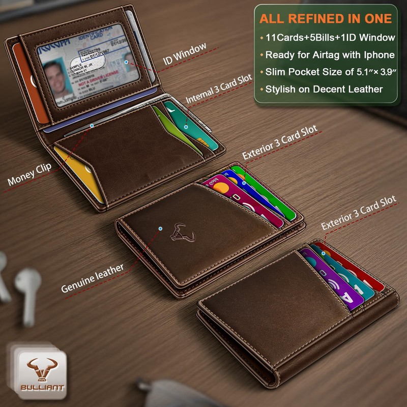 Men Wallet,Top Grain Leather Slim Wallet Magnetic Closure Simplifed Bill
