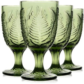 QELVIO Green Glass Goblets Set of 4-10 oz Vintage Glassware Decorative Wine Glasses, Colored Cute Goblet Drinking Cups, Unique Textured Water Cup Sets, Colorful Aesthetic Pretty Drinkware Gifts