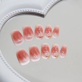 Press On Nails with Nail Glue, 3D Peach Flower Summer Cute Designed in Glue on Nails, Fake Nails, Short Square Almond Ballet Shape for Stick On Nails on 24PCS,French Rouge Flower