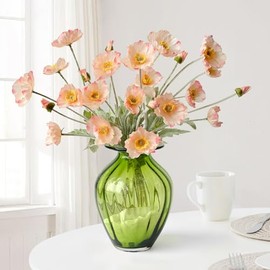 JINWOE - Flores bohemias, flores artificiales de amapola rosa claro, 6 tallos de amapolas de seda realistas, planta falsa para mesa de boda, centro de mesa, ramo de cementerio para interiores