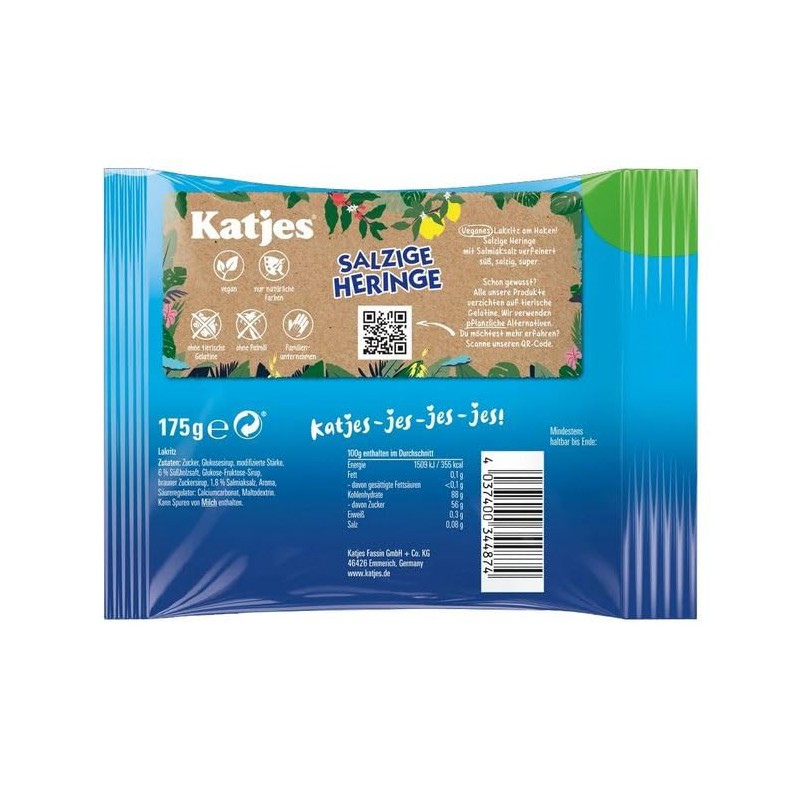 Katjes Salty Herring Gummies, Vegan Gelatin-Free Candy, 175g