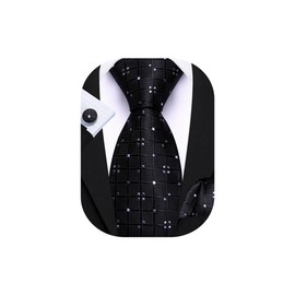 Barry.Wang Black Tie for Men Plaid Silk Necktie Pocket Square Cufflinks Set Formal Wedding Party Business