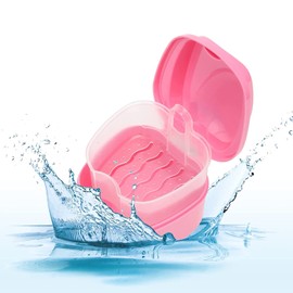 Denture Bath Case Orthodontic Dental Retainer Box Plastic False Teeth Bath Box Denture Cleanning Set Container Soaking Denture Bath for Storing Soaking Dentures Cleaning Box with Filter(Pink)