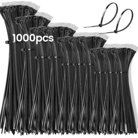 Hosuni 1000 Pack Cable Ties Black, 100/150/200/250/300mm Zip Ties Set, Heavy Duty Nylon Cable Ties for Cable Management, Home, Garden, Office and DIY