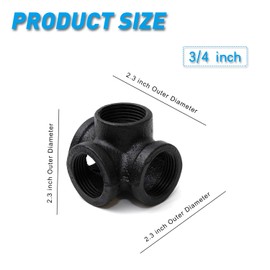 3/4" Black 4-Way Side Outlet Tee, Home TZH 4-Pack 4-Way Corner Cast Black Malleable Iron Pipe Fitting for Industrial Pipe, Furniture and DIY Decoration (4, Black 3/4 Inch)