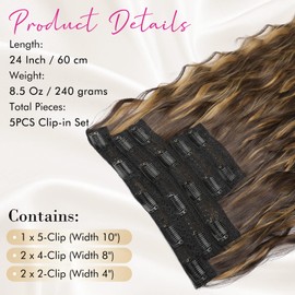 Clip in Hair Extensions, REECHO 5PCS Brown Hair Extensions 24" Thick Long Loose Waves hair extensions HE002 Invisible Lace Weft Natural Soft Hairpieces for Women ¨C Dark Brown with Highlights
