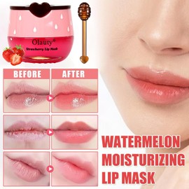 Lingyun- Bálsamo labial de abeja en tarro de miel, 3 piezas de mascarilla para dormir de labios con fresa, miel y sandía, hidratante para prevenir la sequedad