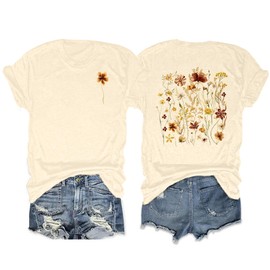 Anbech Vintage Flowers Graphic Tshirts Women Back Boho Floral Print Tops for Teen Girls (Cream, L)