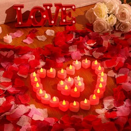 VIHOSE 4000 Pcs Artificial Rose Petals with 24 Pcs LED Tea Lights Candles Flameless LED Candles Fake Rose Petals for Valentine's Night Proposal Wedding(Red Light, Bright Color Petals)