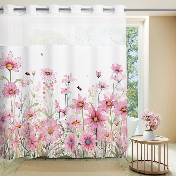 MEHOFOND Pink Flower No Hook Shower Curtain with Snap in