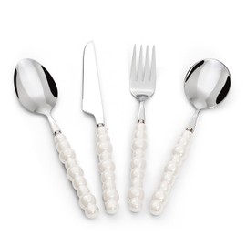 Koythin 4-Piece Cutlery Set, Stainless Steel Flatware Sets with Chubby Bubble Pattern Ceramic Handle, Utensils including Knife Fork Spoon (White)