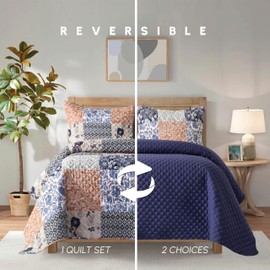 Elegant Comfort 3-Piece Quilted Reversible Floral Patchwork Bedspread Coverlet Set with Pillow Shams, Premium Stitching All Season Heavy Weight-Ultra Soft Luxury Quilt - King, Floral Navy