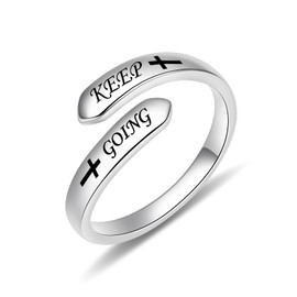 ACJNA Inspirational Ring 925 Sterling Sliver Keep Going Cross Adjustable Rings for Women Encouragement Gift, Sterling Silver, No Gemstone