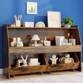 【24h to ship】COZPAW 2-Tier Mobile Children’s Toy Storage Cabinet-Rack with Wheels  | Smooth Mobility Organiser cabinetorganizer - Specification: 2-Tier, Color: Wood color