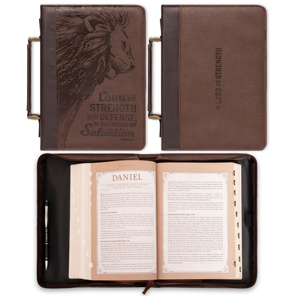 Christian Art Gifts Men's Classic Bible Cover The Lord is My Strength Lion Exodus 15:2, Brown Faux Leather, XL