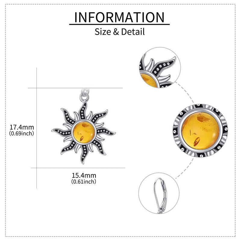 Sun Earrings Sterling Silver Amber Sun Leverback Earrings for Women