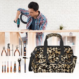 Animal Leopard Pattern Wide Mouth Tool Bags for Men and Women 14 Pockets Tool Tote Bag Pouch Heavy Duty Waterproof Tool Organizer Bag with Adjustable Strape