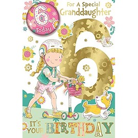 Granddaughter 6th Birthday Card and Badge 6 Today Girl on Scooter 9x6