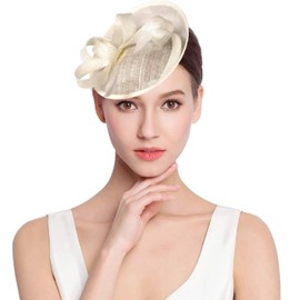 Kentucky Derby Hats Fascinators Clip Hat Bridal Hats Linen Tea Party Hats Handmade Milky White Bow Feather Hats Milky White Mesh Yarn Hat Wedding Hat Fascinators for Women Kentucky Derby Hats Women