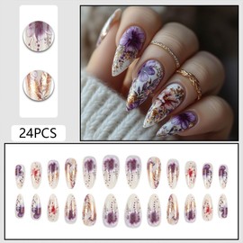 Purple Flower Press on Nails Medium Length Fake Nails Almond False Nails with Gold Foil Designs Summer Glue on Nails Glossy Full Cover Artificial Nails for Women Girls DIY Manicure 24Pcs