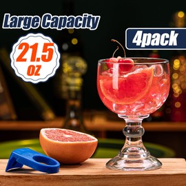 wookgreat Schooner Beer Glasses 21.5 Oz Set of 4, Extra Large Margarita Glass With 4 Color Clips, Shrimp Cocktail Goblet, Large Stemmed Glasses With Thick Bottom, Crystal Clear Bar Glassware